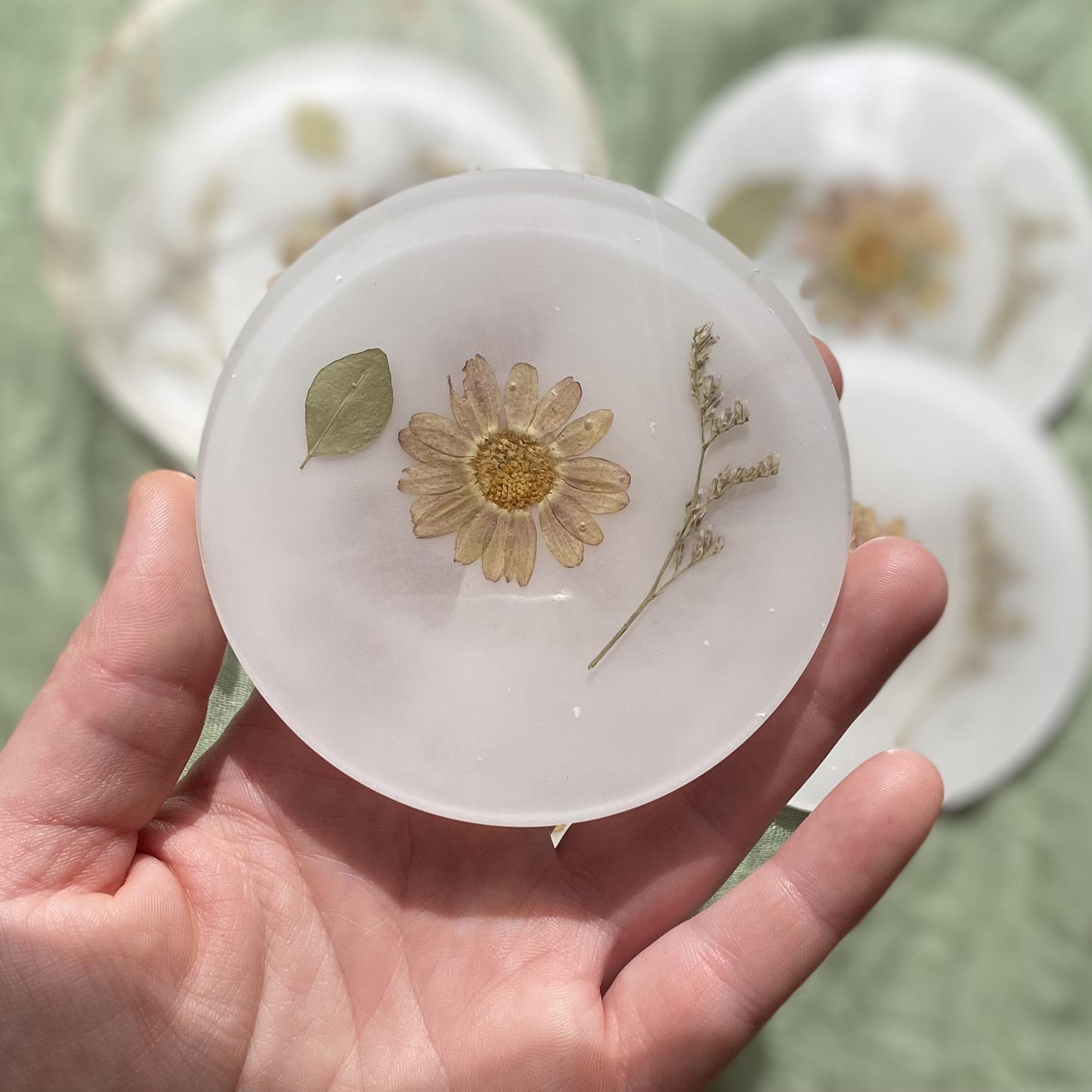 Close up of a round coaster which has a white background, a pale purple daisy in the center and a green leaf on the left with a piece of baby's breath on the right.