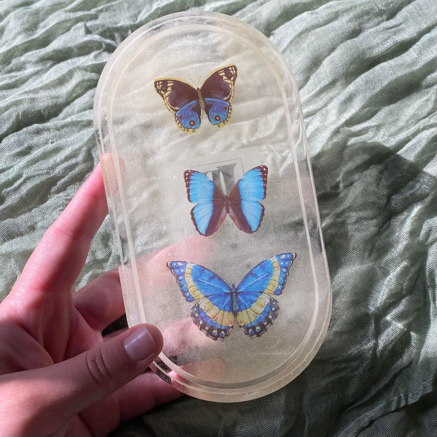 Photo shows a hand holding an oval-shaped resin tray with a slightly transparent yellow background, with images of three blue butterflies inside of it.