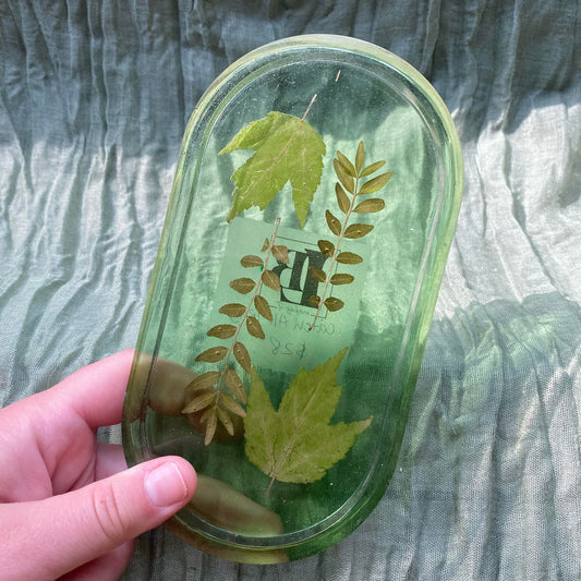 Photo shows a hand holding an oval-shaped resin tray with dried greenery inside in front of a transparent green background.