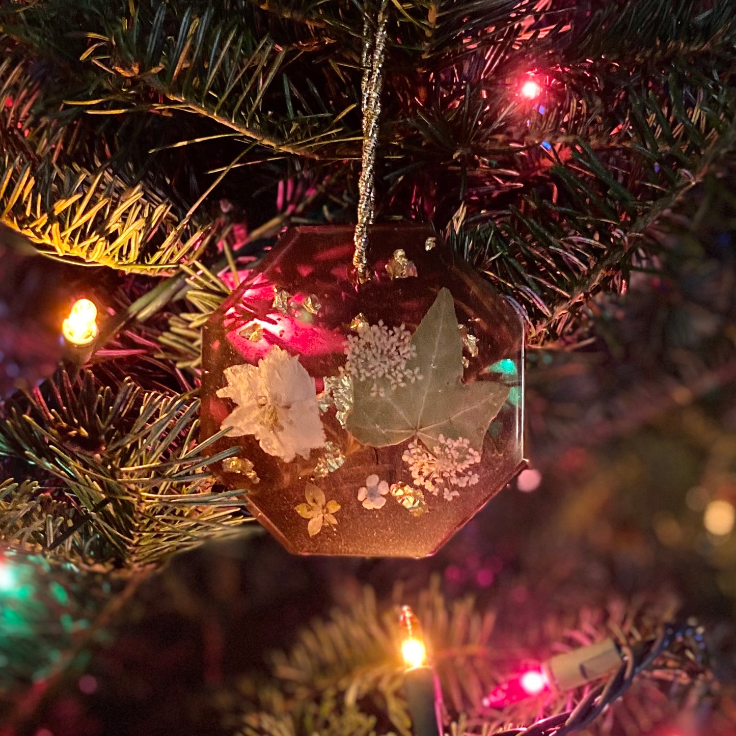 Handmade Resin Christmas Ornament | White Florals & Gold